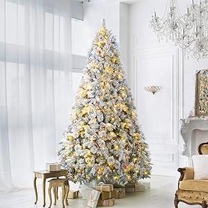 ANOTHERME 9ft LED Christmas Tree Flocked Holiday Decor, Pre-Lit LED Lights UL Certified w/ 2,132 PE PVC Branch Tips, Feel Real Artificial Snow Trees with Storage Bag