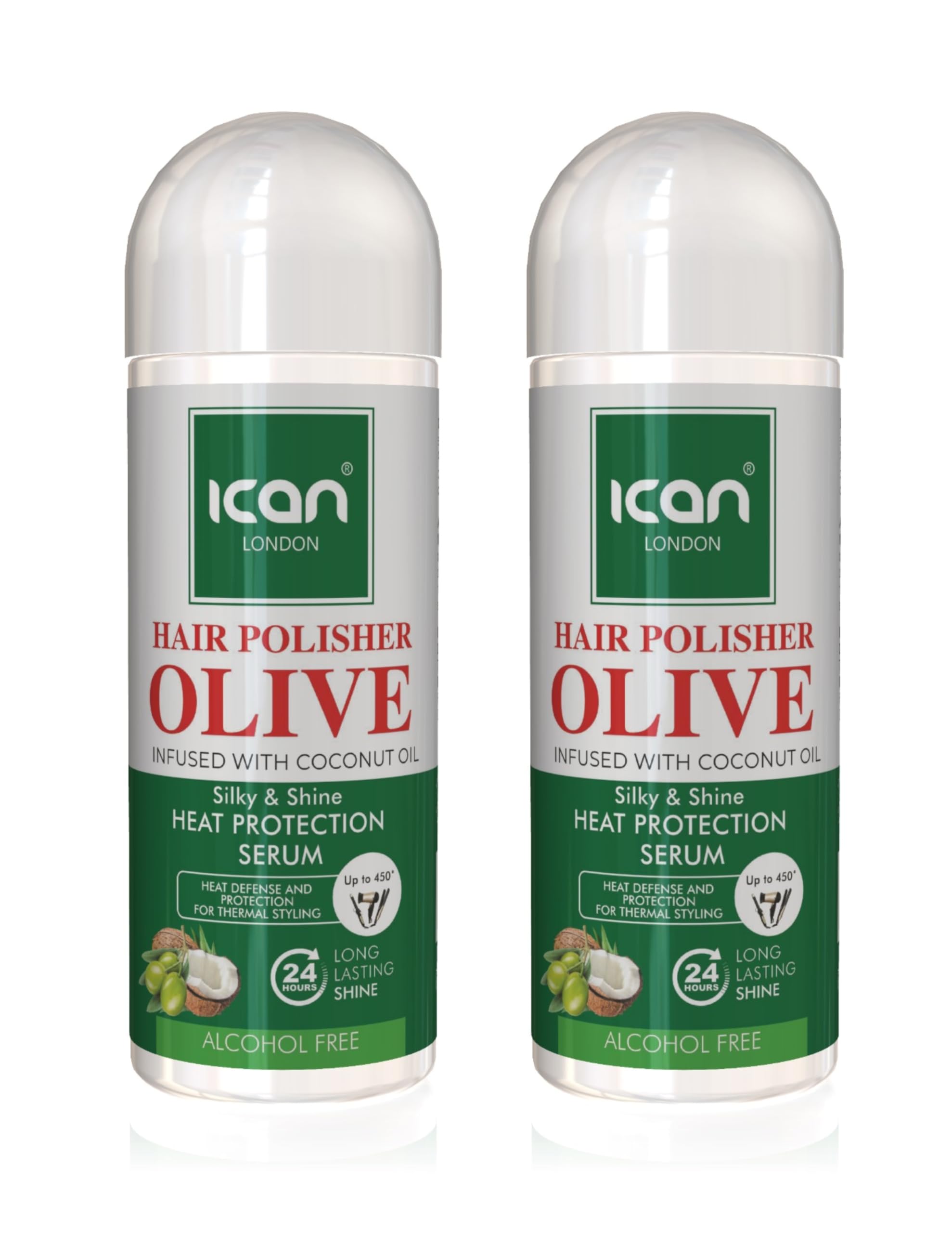 Ican London Hair Polisher Olive Oil Infused With Coconut Oil Heat Protection Serum, Alcohol Free, 2 x 207ml
