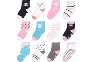 HYzgb 12 Pack Non Slip Kids Toddler Baby Socks with Grips for 1-7 Years Boys Girls Cotton Crew Socks Multi Colors
