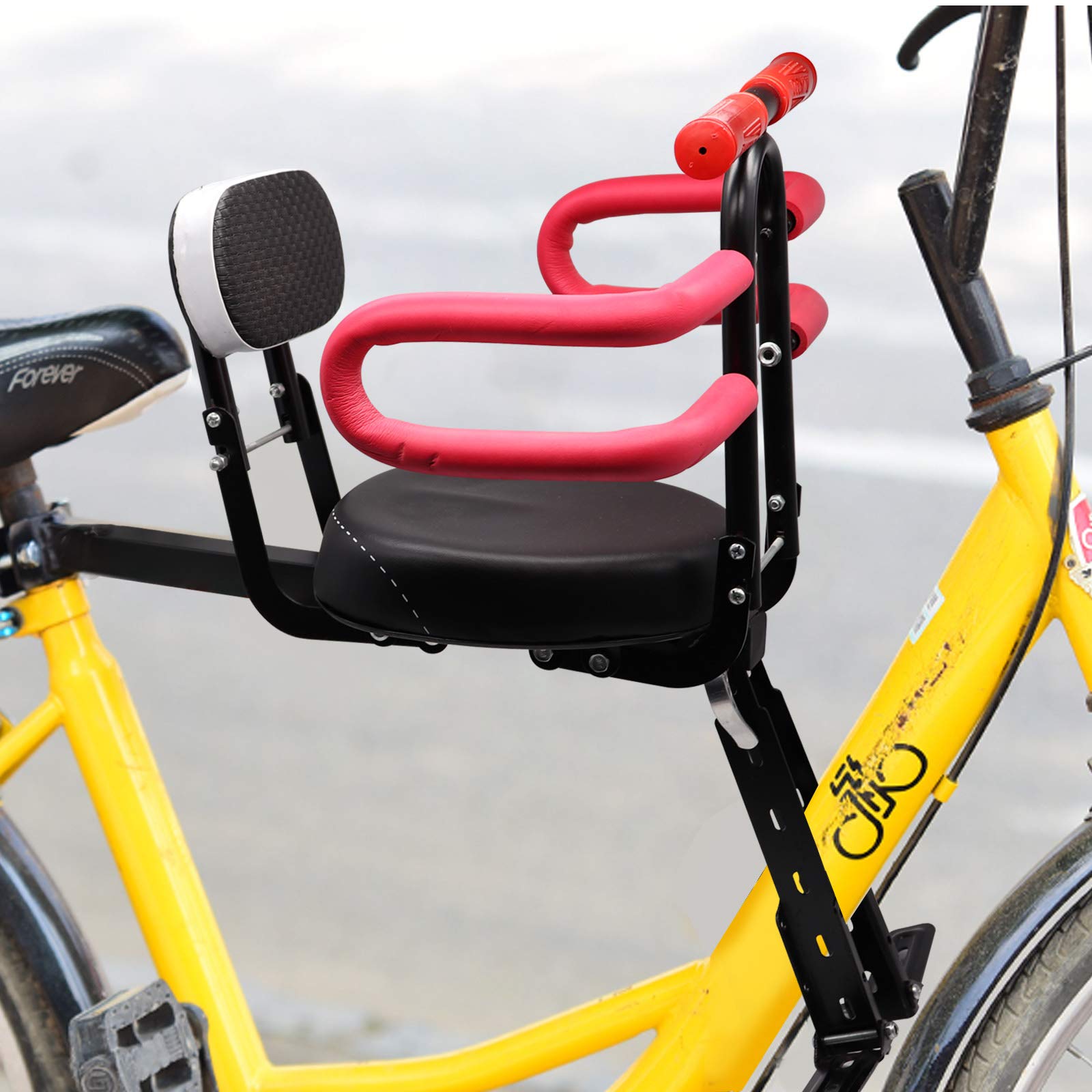 Together-life Foldable Front Mounted Children Bike Seats, Portable Baby Kids' Bicycle Carrier with Guardrail Handrail and Pedal for Mountain Bikes, Hybrid Bikes, Fitness Bikes