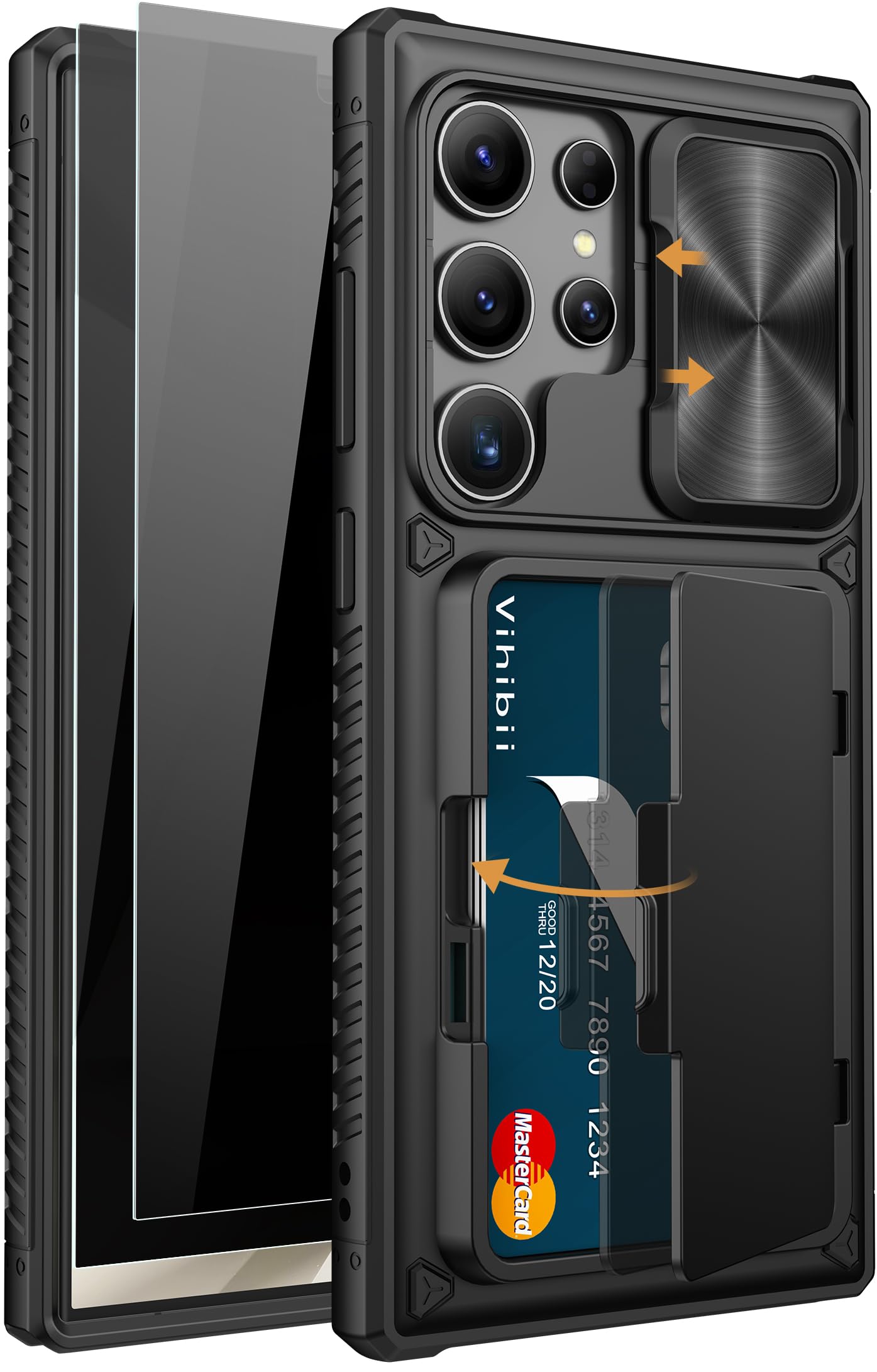 Vihibii for Samsung Galaxy S24 Ultra Case with Card Holder (4 Cards), Built-in 2X Privacy Screen Protector & Slide Camera Cover & Kickstand, Rugged & Shockproof Phone Case for S24 Ultra, Black Image
