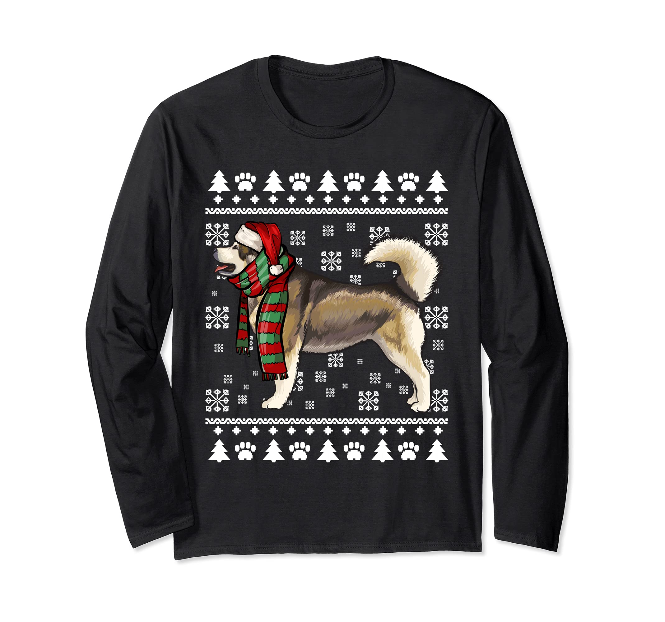 Alaskan Malamute Dog Santa Hat Xmas Ugly Christmas Long Sleeve T-Shirt