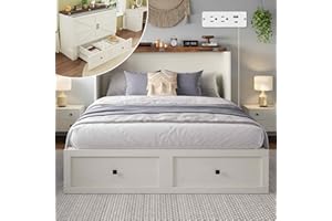 LUXOAK Murphy Bed with Charging Station, Queen Size Cabinet Bed with Large Storage Drawer for Home Office or Small Room, Hideaway Full Foldable Platform Bed, White