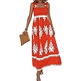 PRETTYGARDEN Womens Summer Boho Maxi Dress 2026 Casual Sleeveless Square Neck Floral Aline Smocked Beach Dresses with Pockets