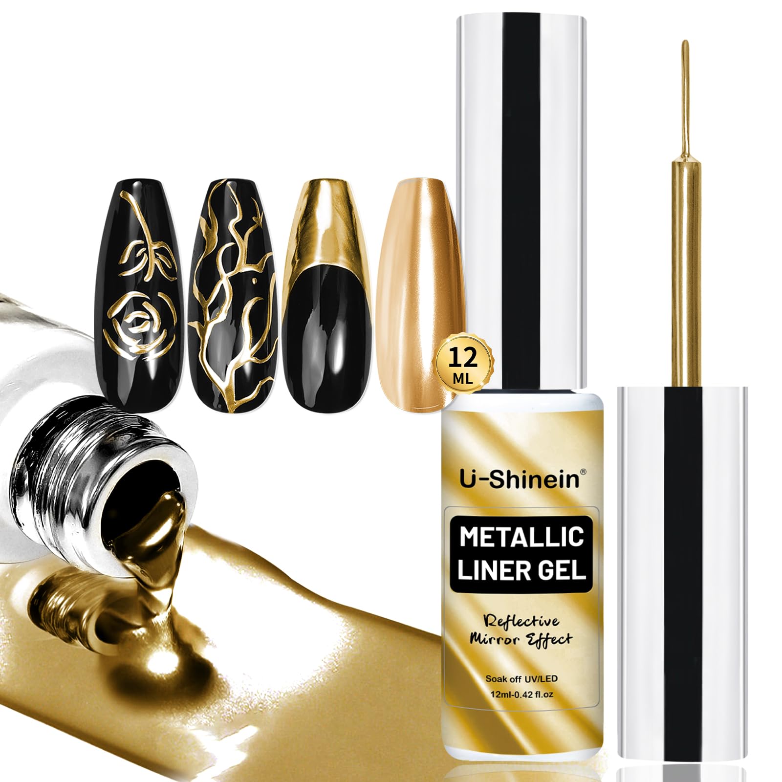 U-Shine Metallic Painting Gel Nail Art 3D Mirror Effect Polish, Build-in Thin Brush, Salon Home DIY Manicure, Gold
