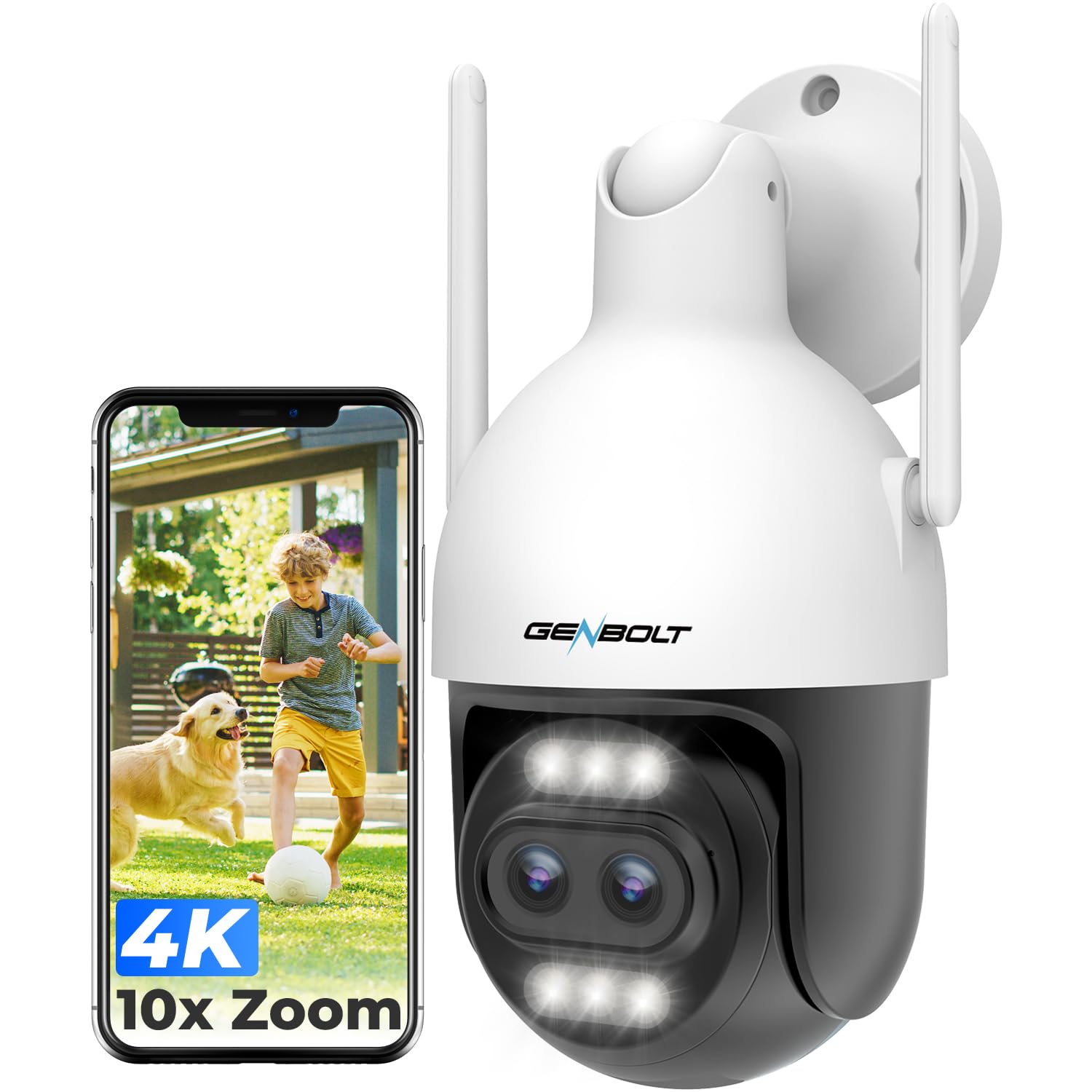 GENBOLT 4K WiFi Security Camera Outdoor with PoE, 8MP Dual lens CCTV Camera IP Home Surveillance with 10X Hybrid Zoom, Auto Tracking Human/Vehicle Detection (2.4&5GHz)