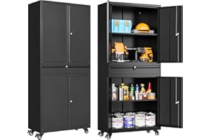 SISESOL Metal Garage Storage Cabinet with 4 Wheels and 1 Drawer,Rolling Garage Cabinet with Locking Doors and Adjustable Shelves,73" Mobile Tall Large Metal Storage Cabinet for Home,Office,Garage,Shop