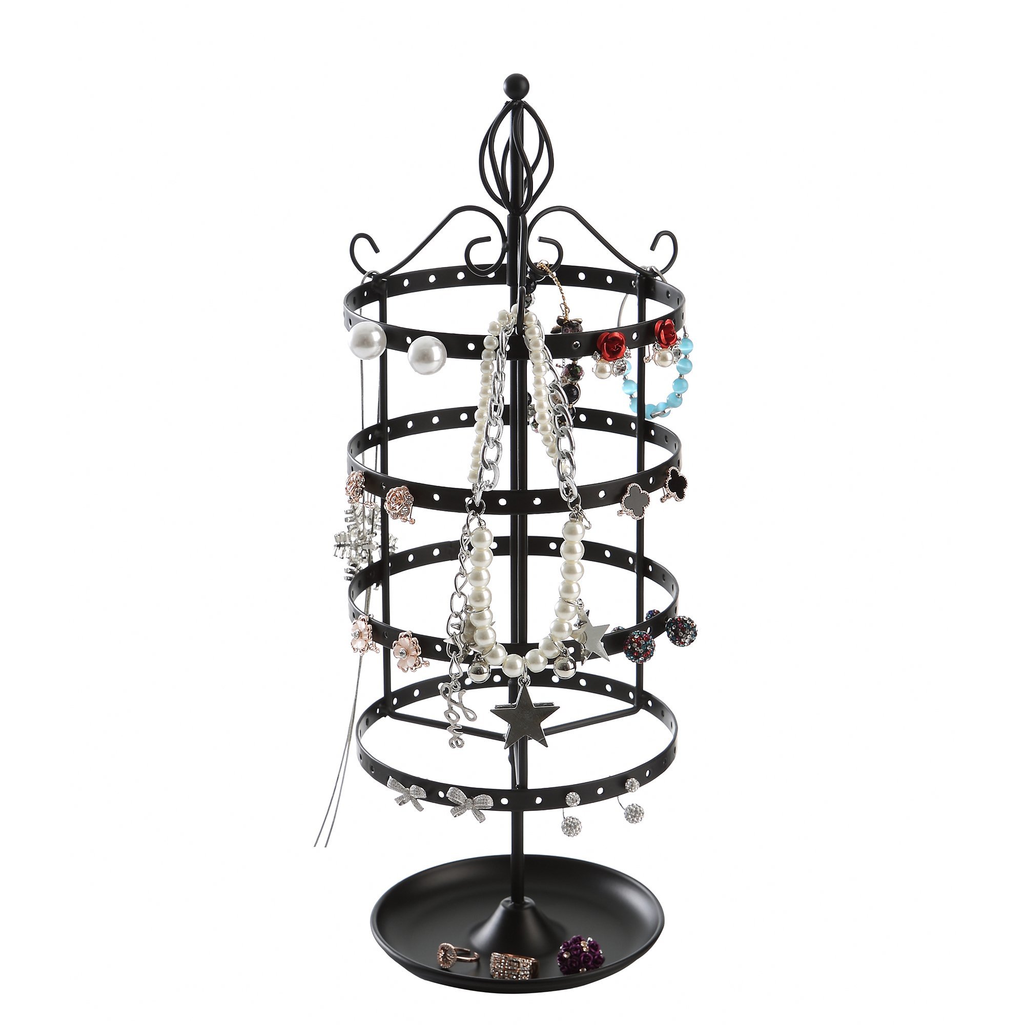 4 Tier Rotating Jewelry Tree Organizer Stand Tower w/ Ring Tray for Necklace & Earrings, Black