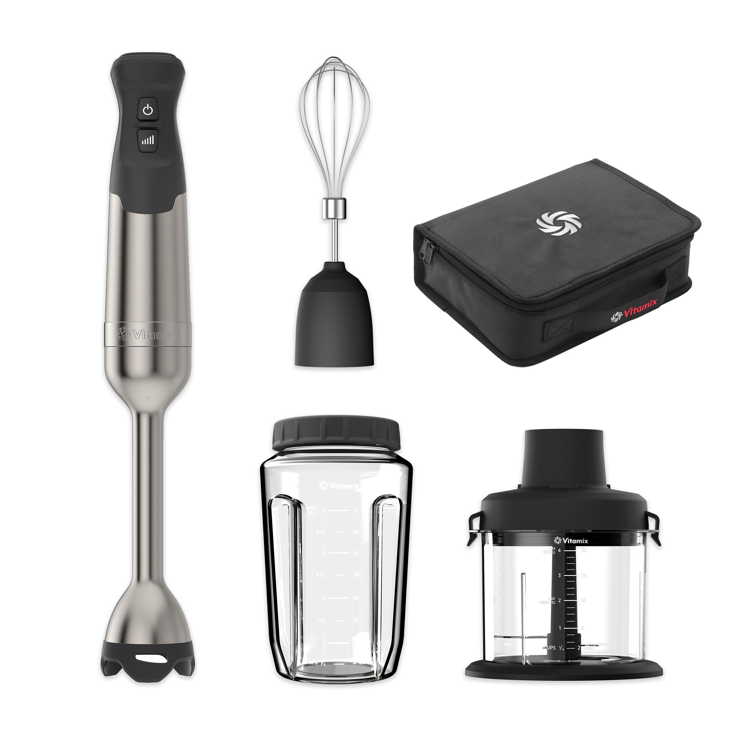 Vitamix 5-Speed Immersion Blender 5-Piece Bundle, 625-Watt Motor, One-Handed Operation, 5 ft cord, includes Mini-Chopper, Blending Jar, Whisk Attachment & Storage Case, Stainless Steel/Black