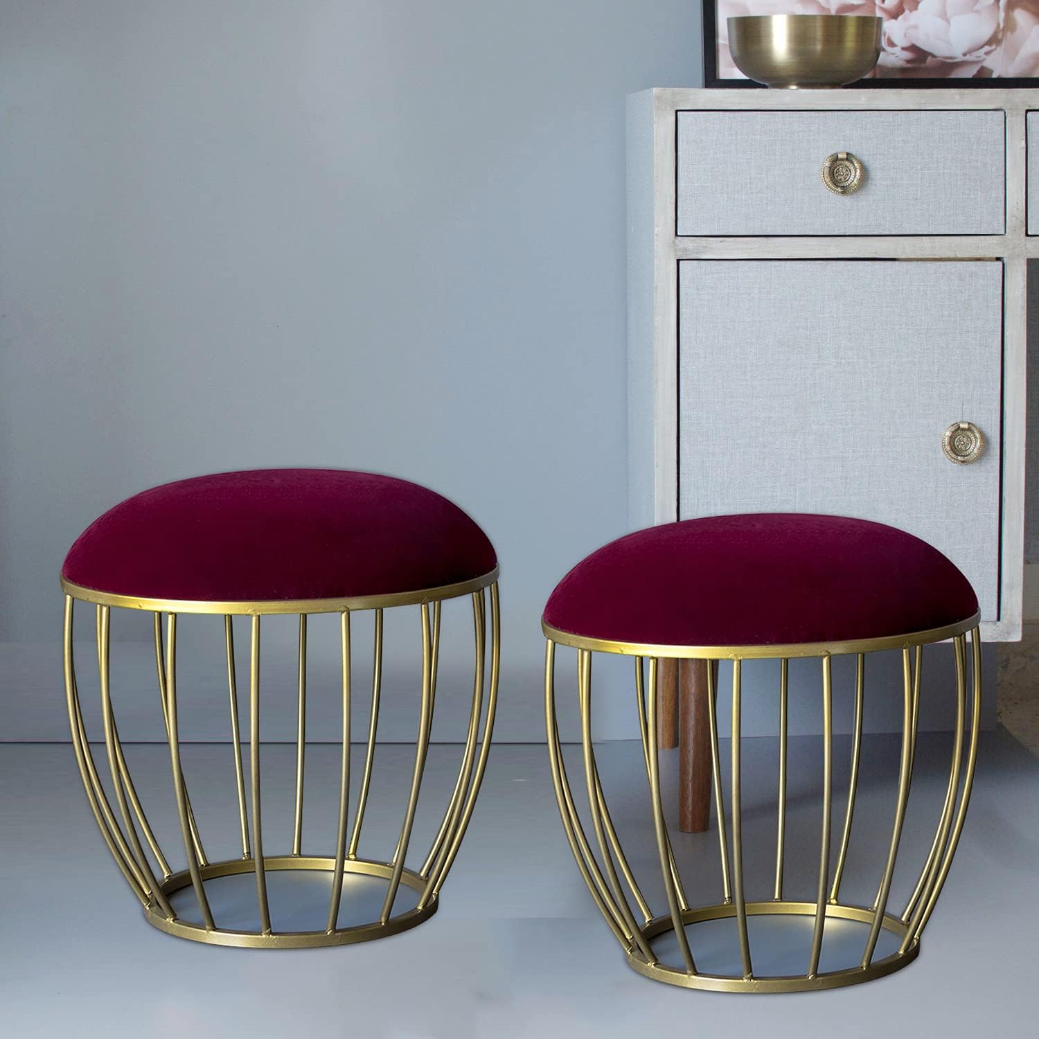 nestroots Ottoman Stool for Living Room Set of 2 Stool for Sitting |Metallic Ottoman Stool for Bedroom pouffes Side Table (16 inch Maroon cage)