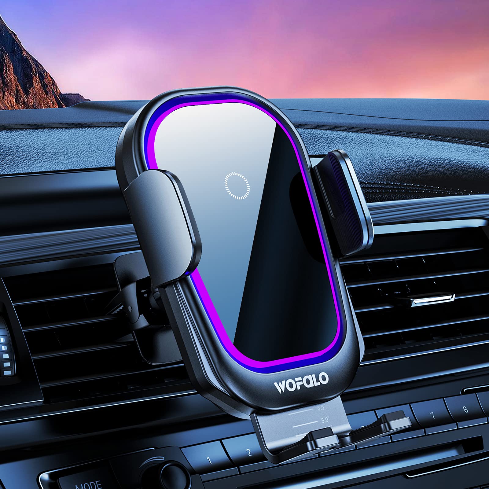 WOFALO 15W Qi Wireless Car Charger,【Purple Light + Metal Clip Arm】Fast Charging Automatic Clamping Mount Mobile Phone Holder Compatible for iPhone 12 13 Pro Max Mini 11 Pro etc All Qi Mobile Phones P
