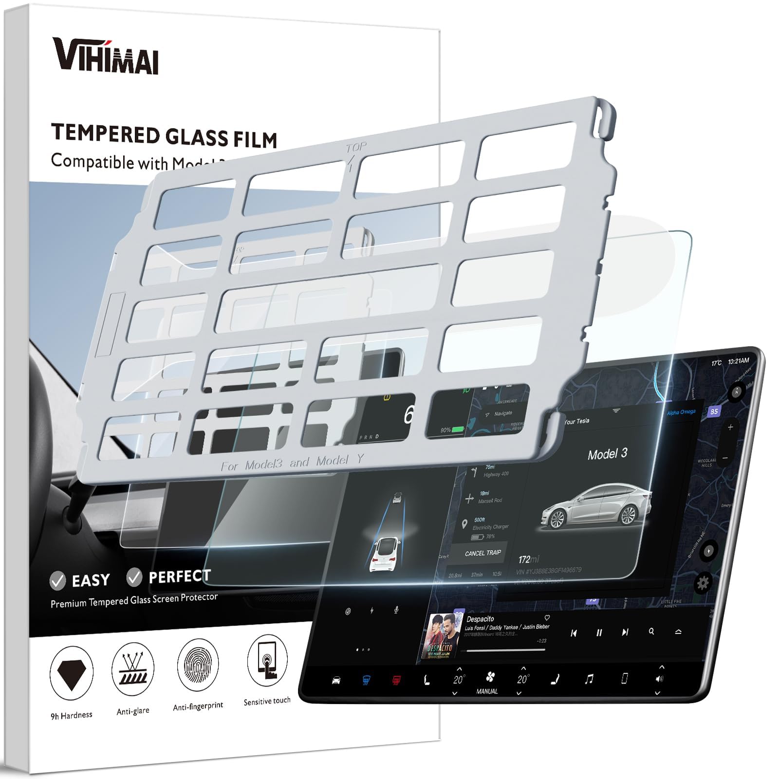 VIHIMAI Tempered Glass Screen Protector for Tesla Model 3 Model Y Tesla Accessories, Anti-Fingerprint & Impact & Scratch, Navigation Touch Screen Protector (Matte)