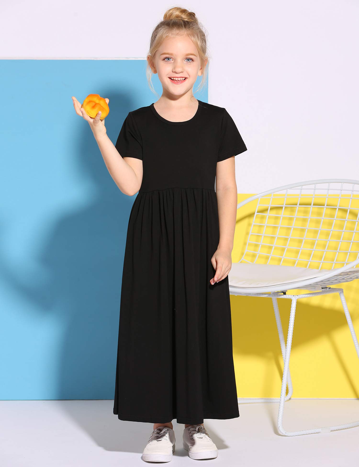 Arshiner Girls Maxi Dress Long/Short Sleeve Casual Holiday Dress with Pockets for 5-13 Years