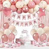 Pink Birthday Decorations for Women with Metallic Rose Gold Dusty Pink Balloons Happy Birthday Banner Fringe Curtains for Women Birthday Decorations