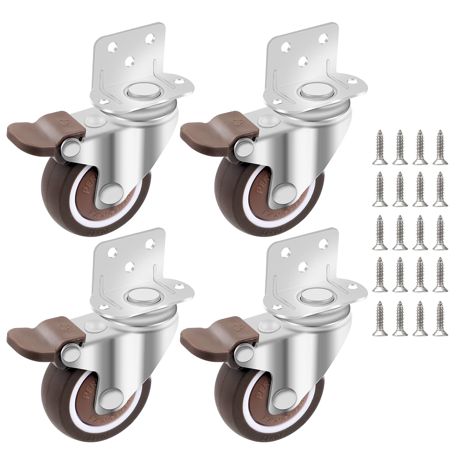 DBREAKS Swivel Castors Set 50 mm, 4 Pieces Furniture Castors Made of TPE, Transport Castors with 20 Screws, Wheels with Brake, Swivel Castors with L Mounting Plate, Furniture, Flower Stands
