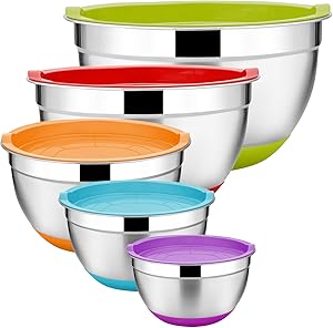 Stainless Steel Mixing Bowls Set of 5, Size 8/5/3/2.5/1.5 QT, E-far Metal Nesting Bowls with Colorful Airtight Lids, Measurement Marks & Non-Slip Bottoms, Great for Cooking, Baking, Serving, Food Prep