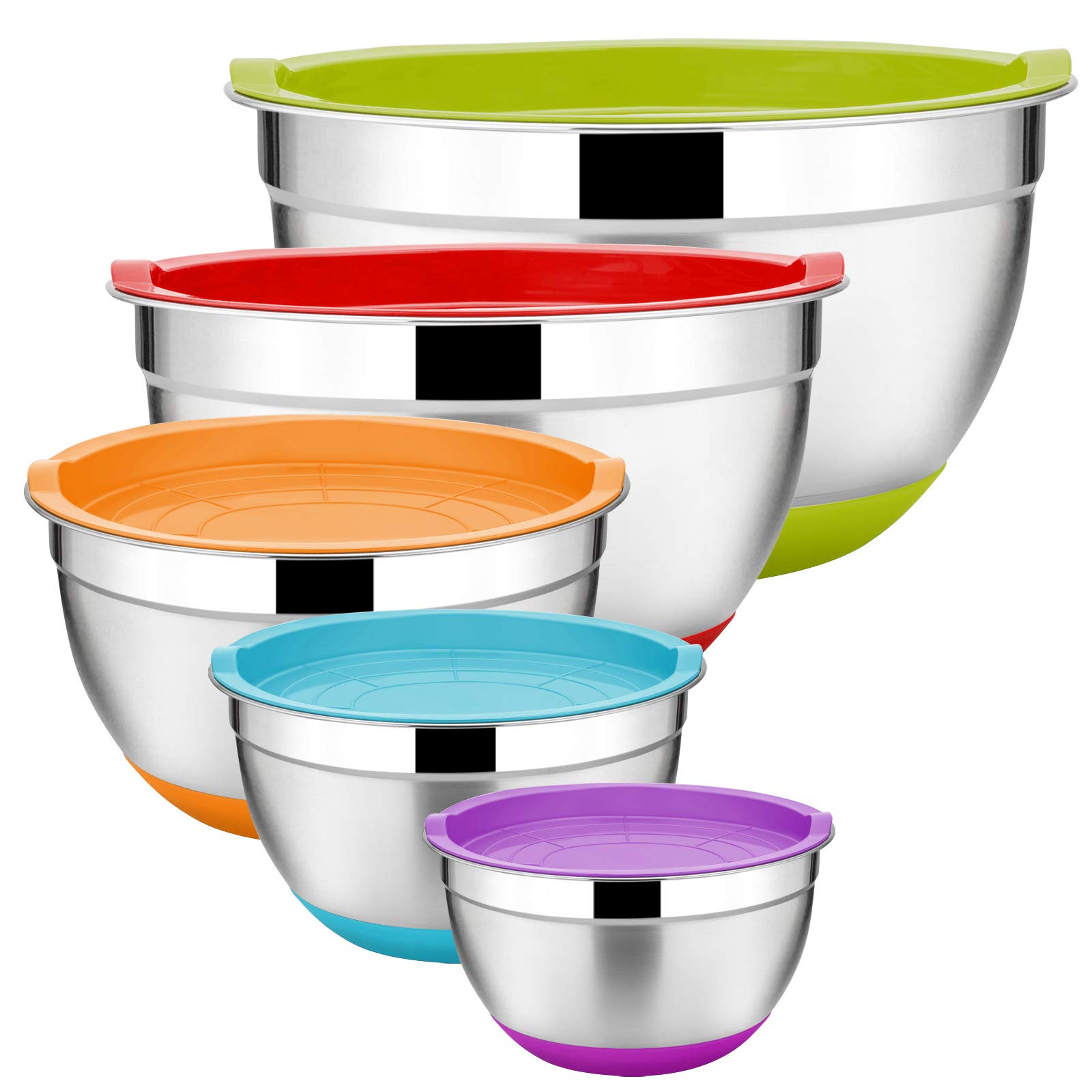 Stainless Steel Mixing Bowls Set Of 5 Size 7 3 5 2 5 2 1 Qt E Far Metal Nesting Bowls With Colorful Airtight Lids Non Slip Bottoms Great For Kitchen Cooking Baking Serving Food Prep Buy Online In