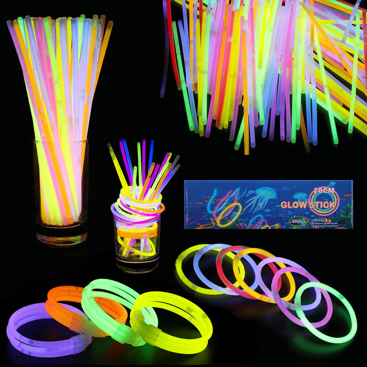 WedDecor Premium Glow Sticks with Connectors, 8" Long Glow Sticks Party Packs for Adults, Glow in the Dark Neon Sticks Bracelets Necklace for Kids Party Supplies, Halloween Decoration, 50pcs — image 1