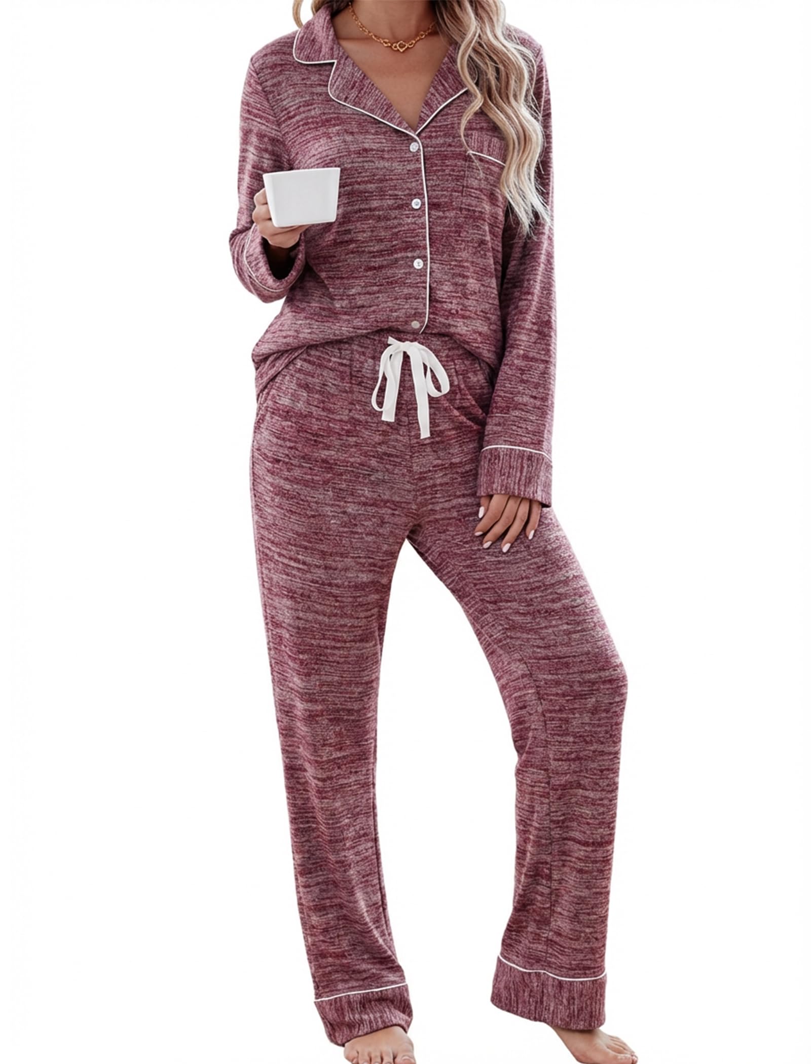 Leikar Women's Button Up Long Sleeve Pajamas Set Soft Modal Pjs with Pockets Two Piece Sleepwear Loungewear Image