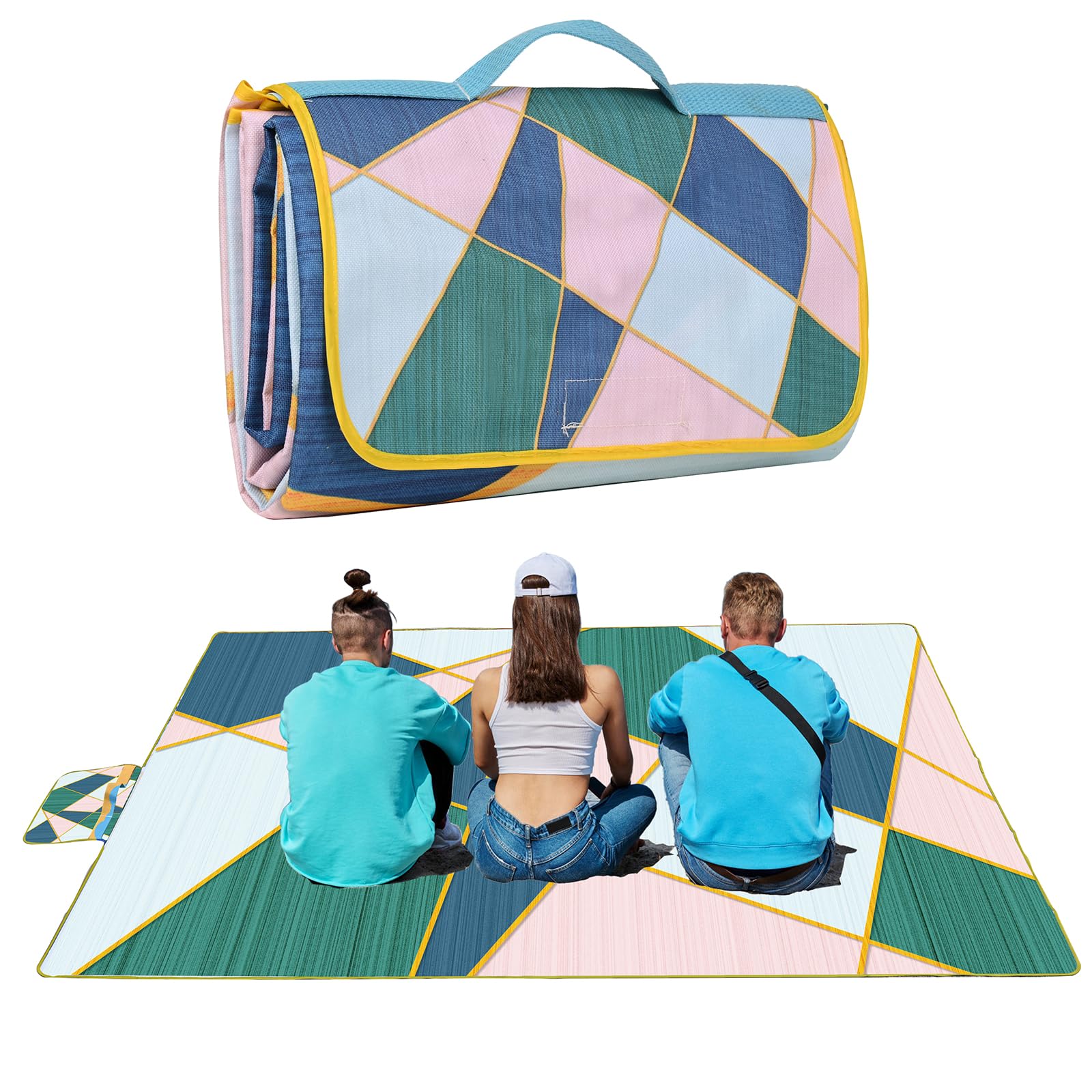 Picnic Blanket, Foldable Waterproof Sand Mat, 200 x 200 cm, Extra Large Picnic Blanket, Outdoor Mat, Beach Blanket for Camping, Hiking, Travel, Family Concerts