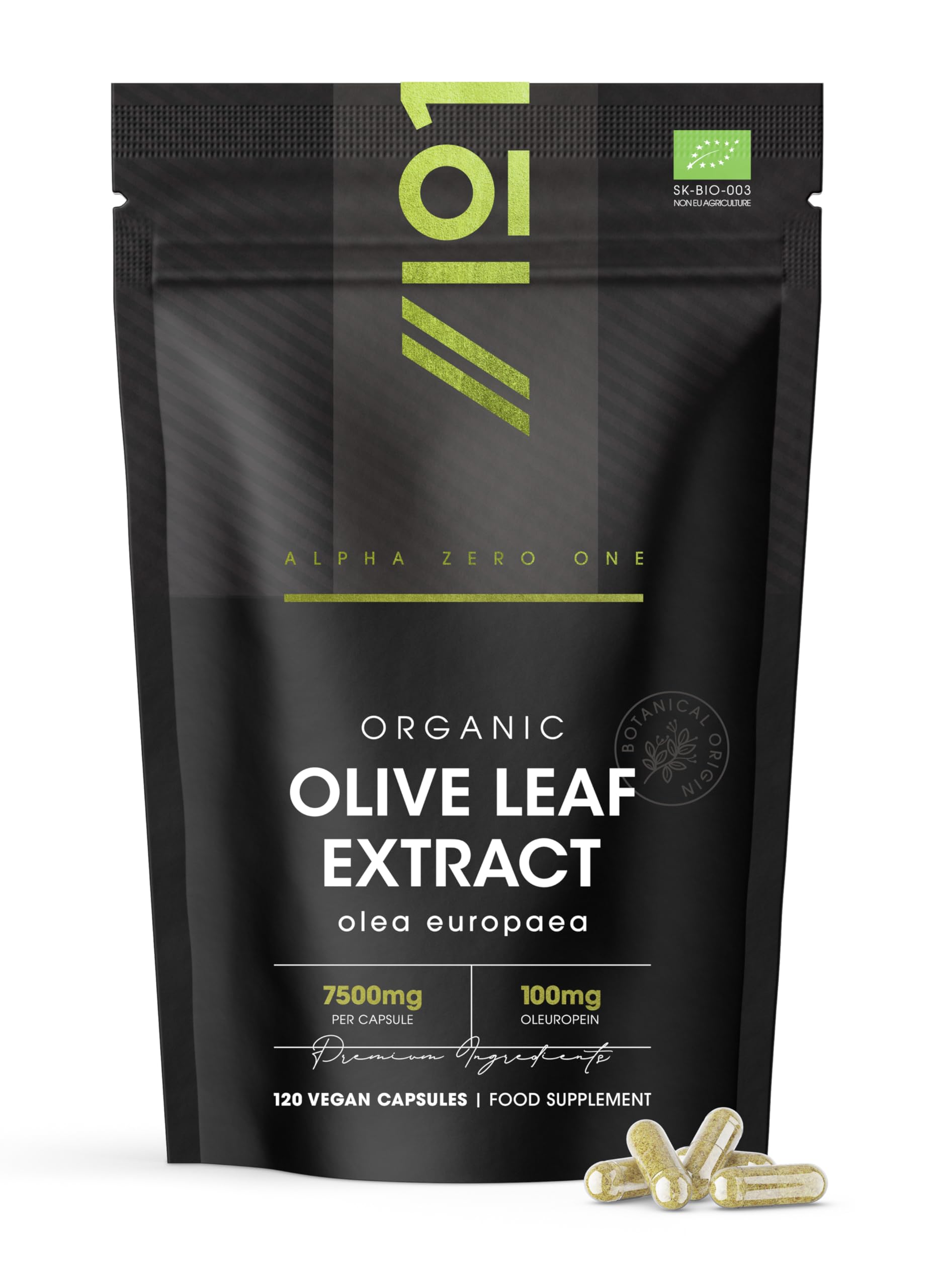 Organic Olive Leaf Extract Capsules 7500mg - 20% Oleuropein – 120 Vegan Capsules - Resealable and Recyclable Pouch by Alpha01