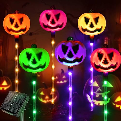 Homeleo Set of 6 Solar Pumpkin Stake Lights for Halloween Decorations Outdoor, Colour Changing Lights, Light up Decorations, Pathway Party Porch Yard Decor (HUK119)