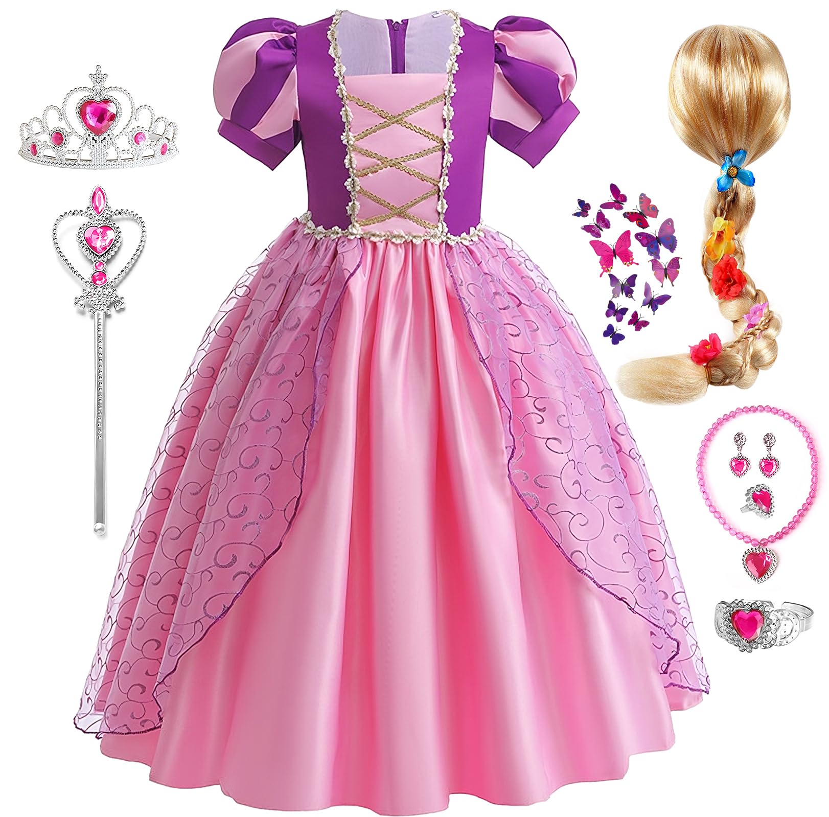 Photo 1 of G.C Girls Princess Costume Dress Up Toddler Puff Sleeve Dresses Wig Crown Wand Jewelry Necklace Halloween Cosplay Clothes Birthday Gifts Party Supplies- SIZE 120 ( 5-6Y)