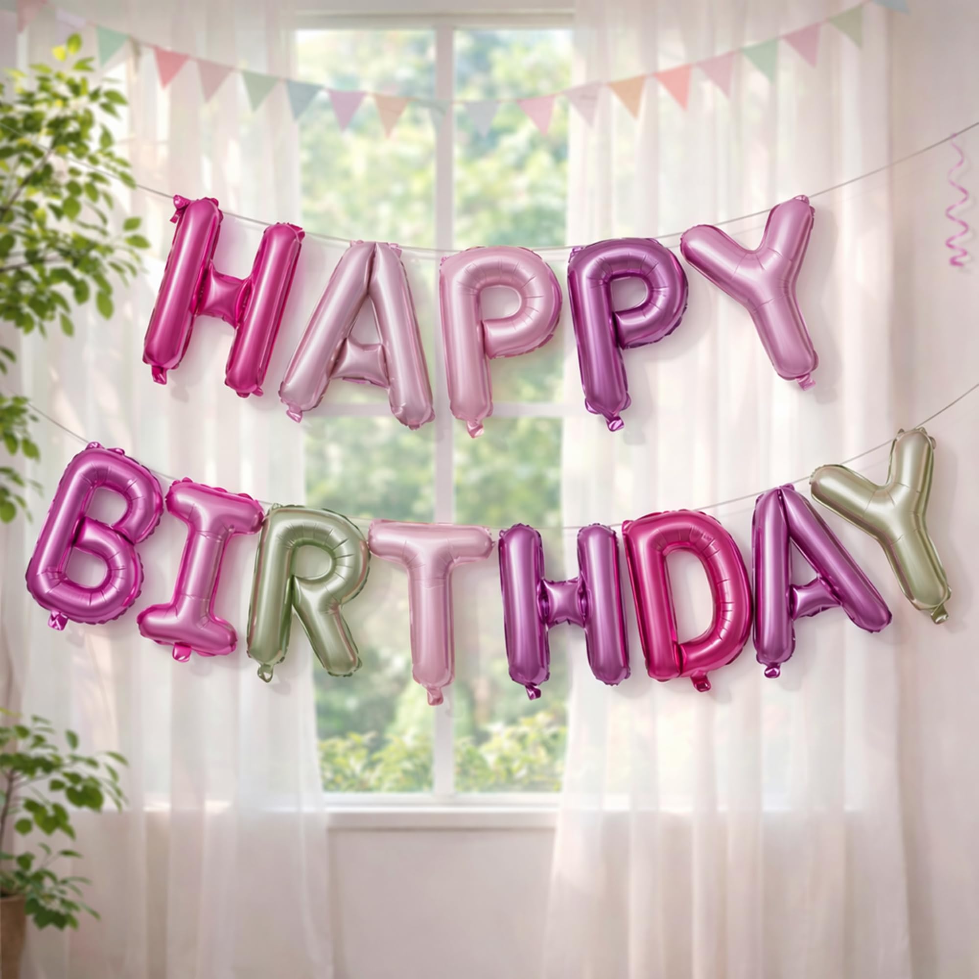 Trimming Shop Self-Inflating Purple & Pink Happy Birthday Banner Balloons, 16 Inch Foil Letter Balloons for Birthday Decorations, Party Banner for Indoor & Outdoor Birthday Celebrations