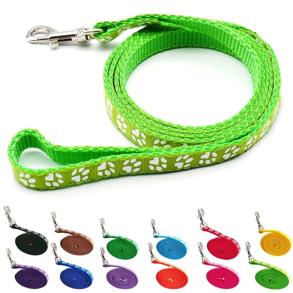 Small Dog Puppy Pet Cat Kitten Lead Pawprint Design Lightweight Nylon Metal Clip 120cm Leash Lime Green