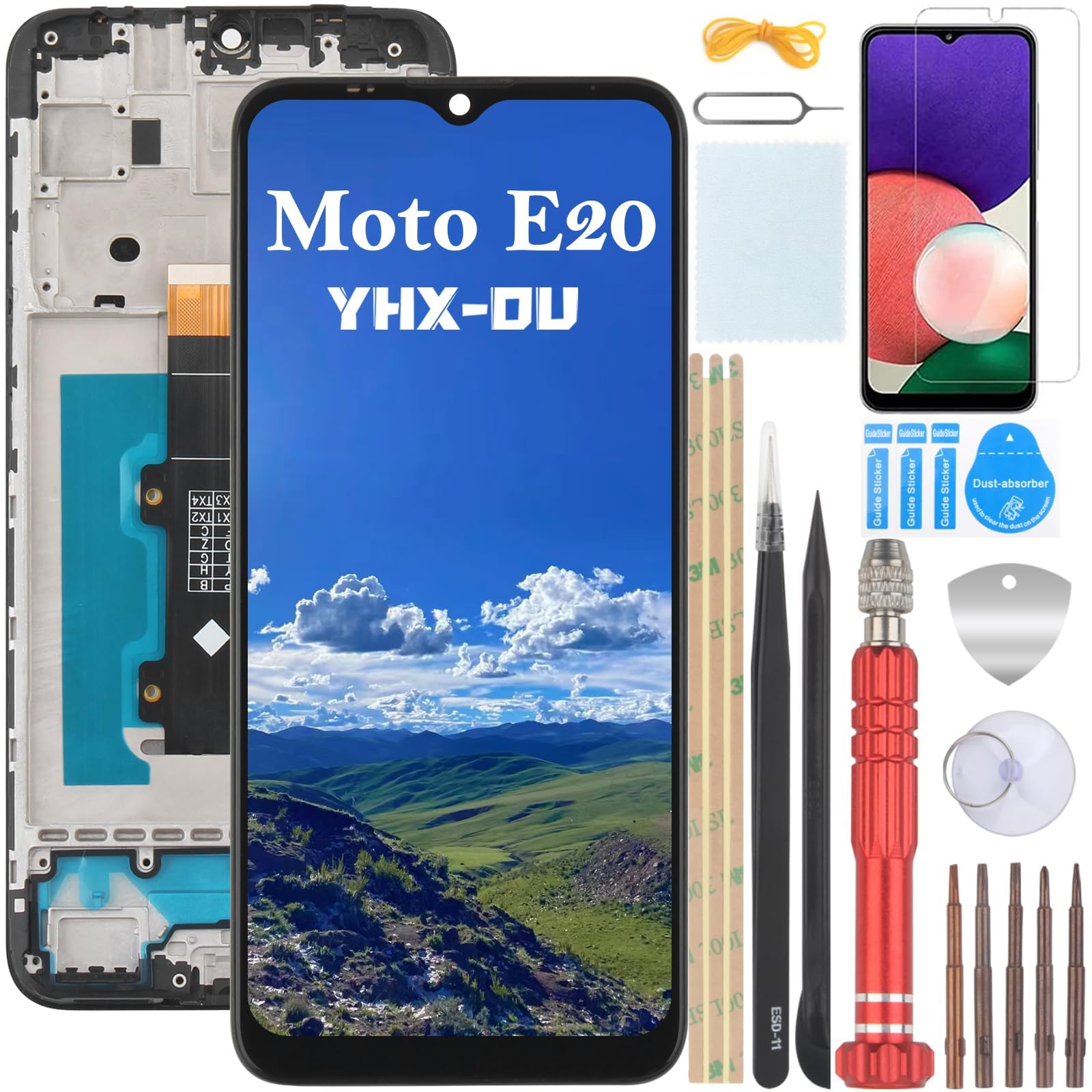 YHX-OU 6.5 Inch Black Screen with Chassis for Motorola Moto E20 XT2155 XT2155-1 Complete LCD Touch Screen Replacement with Screen Protector and Tools