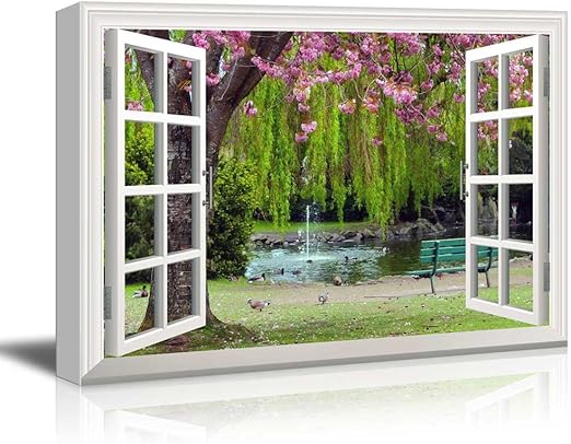 Amazon Com Wall26 Creative Window View Canvas Prints Wall Art Cherry Blossom In Spring 24 X 36 Posters Prints