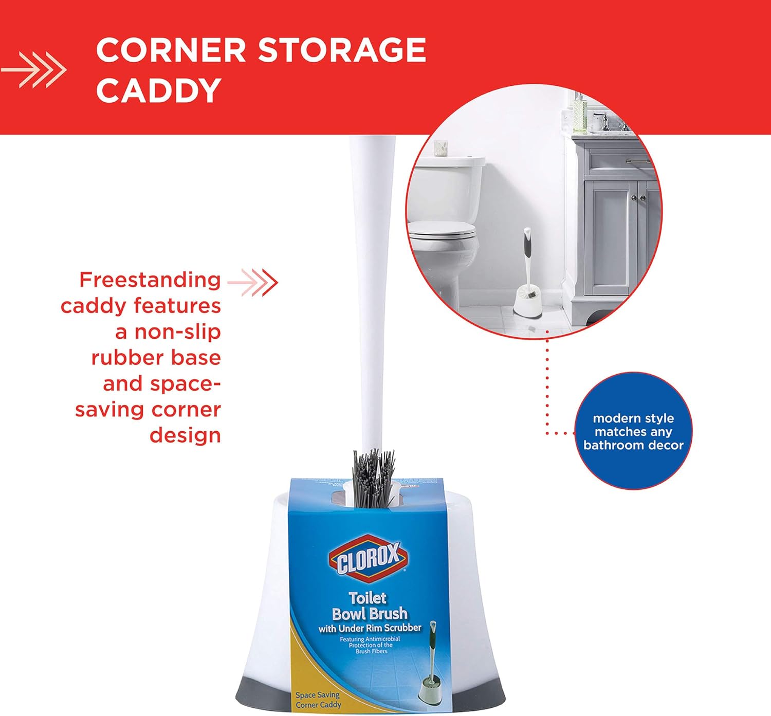 Clorox Under-Rim Toilet Bowl Brush with Corner Storage Caddy, 16" x 5" x 5.5": Home & Kitchen