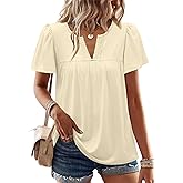 OFEEFAN Womens Summer Tops Boho Short Sleeve Shirts V Neck Fashion Lace Blouses Dressy Casual Flowy Holiday Outfits