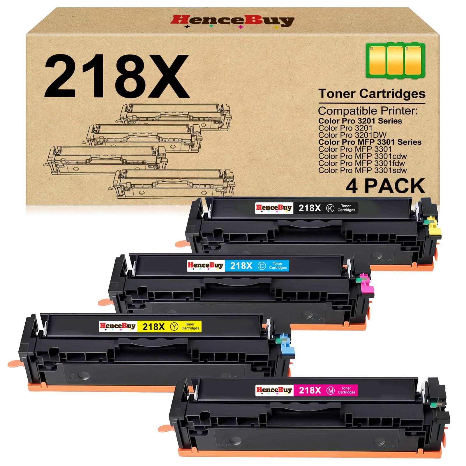Photo 1 of HenceBuy 218X Toner Cartridges with Chip Compatible Replacement for HP 218X 218A for Color LaserJet Pro 3201dw MFP 3301fdw 3301cdw 3301sdw Printer Ink Set W2180X W2180A (4-Pack,High Yield)