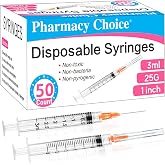 Pharmacy Choice 50 Pack Disposable 3ml/cc Lab Syringes with 25Ga 1 Inch Needle Luer Lock, Individually Sealed Packed.50PACK