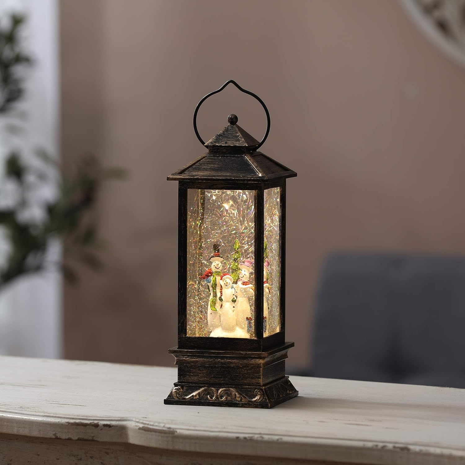 Luxen Home Holiday Snowman Family in Black and Brushed Gold LED Lantern