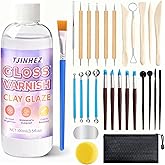 100ml Air Dry Clay Glaze and 29pcs Clay Tools Kit - Waterproof Scratch-Resistant Gloss Varnish Protects from Wear/Cracking, Pottery Tools for Stippling, Carving, Molding & Shaping Clay Crafts