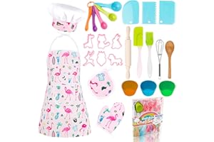 KAEGREEL Kids Baking Set, 26Pcs with Flamingo Apron & Hat Role Play Cooking Chef Dress Up Toys, Pretend Play Gifts for Boys G