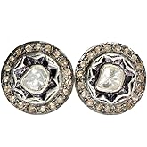Genuine Diamond Round Stud Earring- Sterling Silver- Rose Cut Polki Diamond-13mm Statement Women's Jewelry Gift Idea