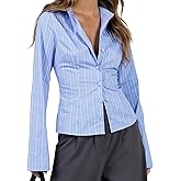 Kiluex .Women Striped Button Down Shirts Fall Long Sleeve Basic Ruffle Blouse Lapel Collar Slim Fit Cropped Tops Streetwear