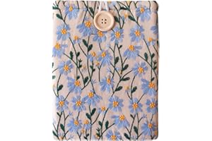 BIRDIEQPLUSTWO Embroidered Fabric Sleeve for Kindle Paperwhite, Kindle Basic, Kobo Clara 2E, Boox Palma, Nook Glowlight – Protective Cloth Cover for Tablets & E-Readers Handcrafted - Blue & Beige Daisy