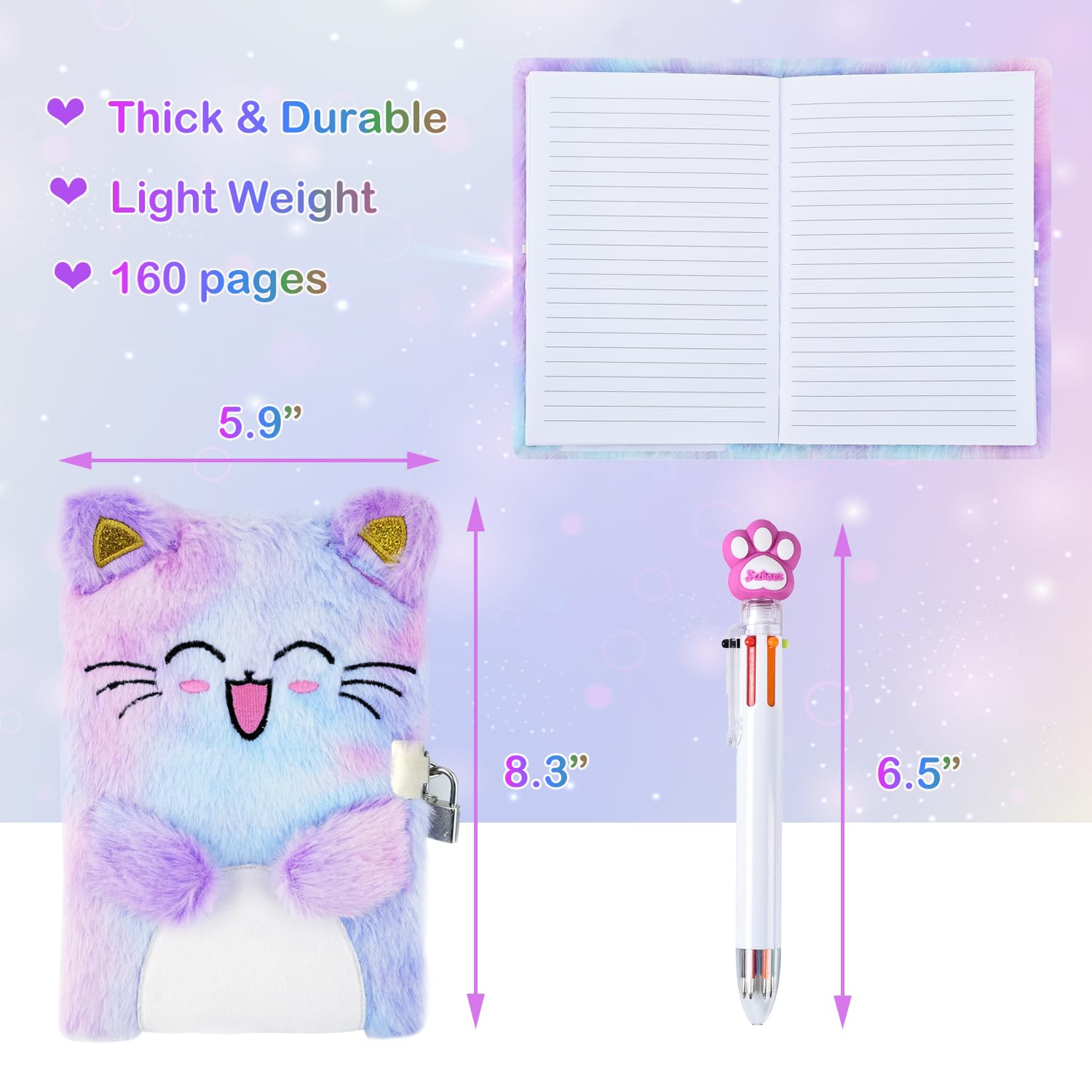 PJDRLLC Cat Diary with Lock, Gift for 6 7 8 Year Old Girl, Secret Diary Journal Notebook with Coin Purse, Multicolored Pen, Post-it Note, Stickers, Practical Gift for Birthday (A Happy Cat)