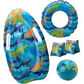 Hurley Kids Pool Float Set 5 Piece Beach Ball Arm Bands Swim Ring Board | Surfboard 27.55 in and Tube 19.68 in, Inflatable Party Gear for Lake Trips, Vacations and Backyard Splashing
