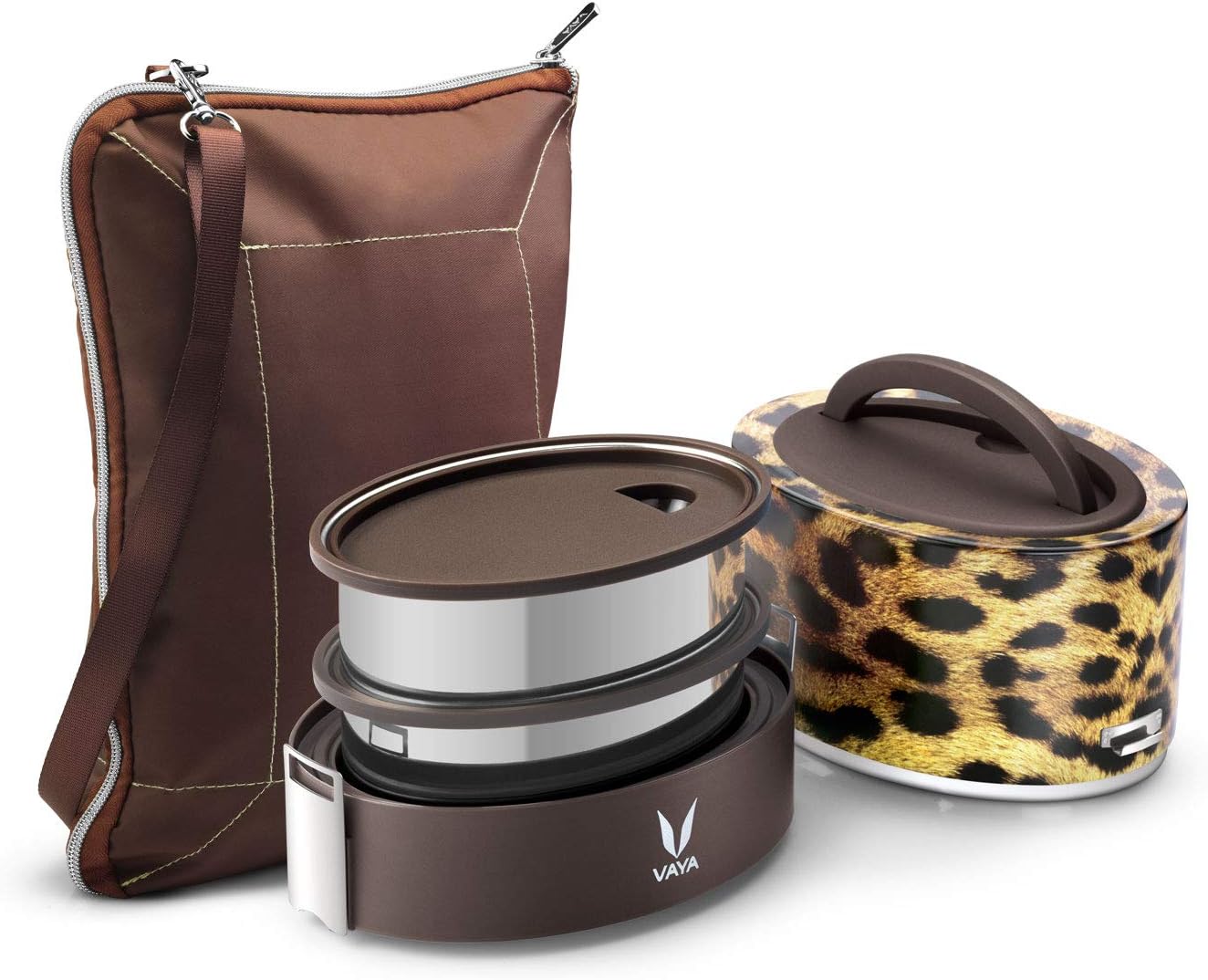 Vaya Tyffyn 600 ml Polished Stainless Steel Lunch Box with Bagmat, 2 x 300 ml, 2 Containers, Cheetah