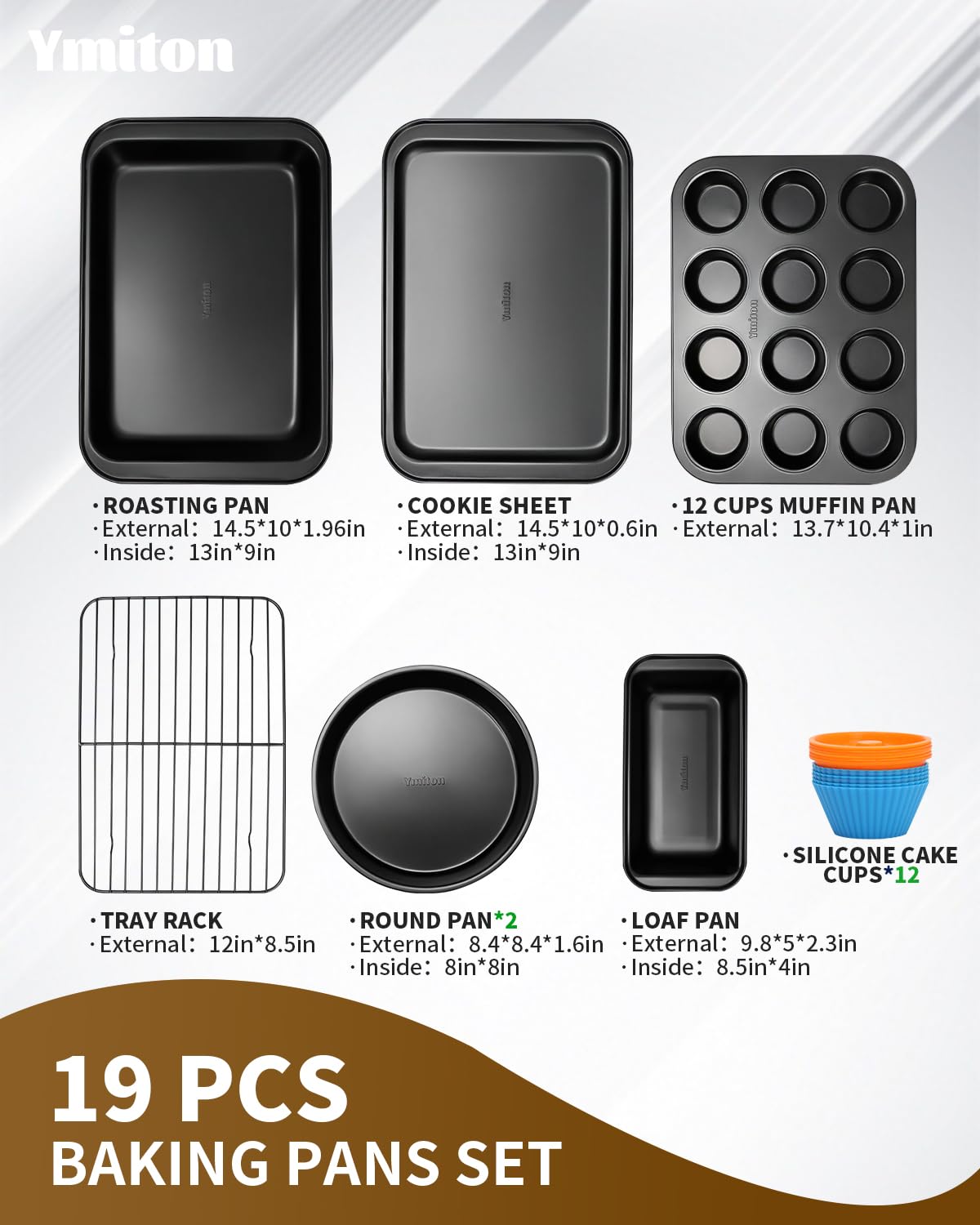 Ymiton Nonstick Baking Pans Set, 19 PCS Stackable Bakeware Sets, Oven Pan Set Includes Baking Tray, Cookie Sheet, Cake Pans, Loaf Pan, Muffin Pan, Silicone Cups