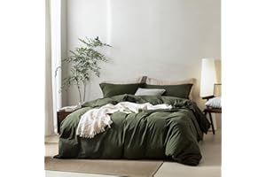 BDEAR Linen Feel Olive Green Duvet Cover Queen Size 90'' L x 90'' W, 100% Washed Cotton Duvet Cover with Zipper Closure Plus 2 Pillowcases, Cozy and Breathable