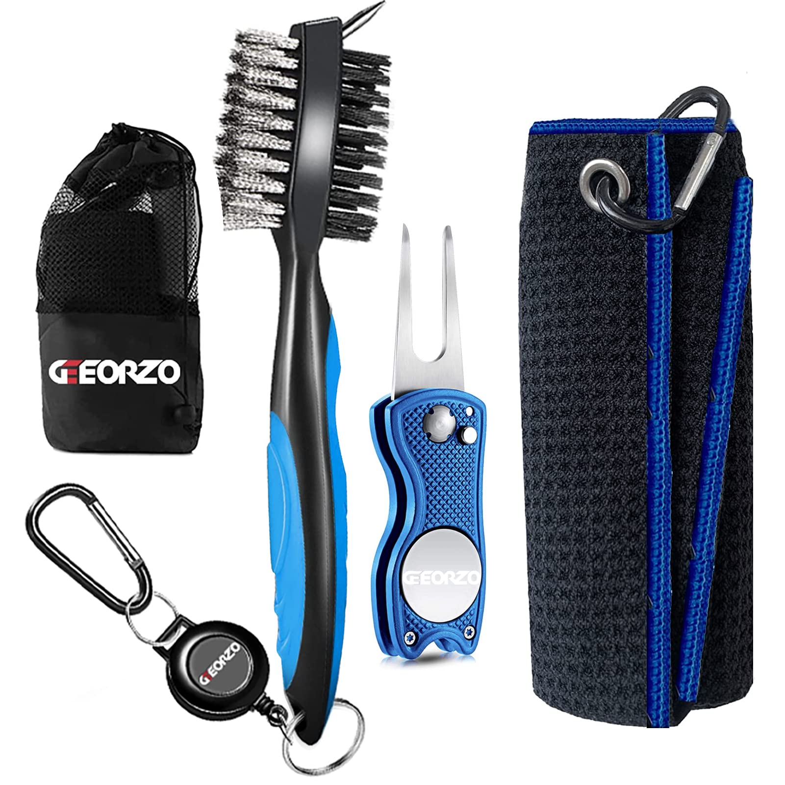 Geeorzo Golf Accessories, Retractable Golf Club Brush, Foldable Golf Divot Repair Tool, Microfiber Golf Towel for Golf Bags with Clip (Blue)