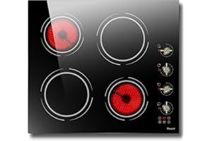 Disaenvir 24 Inch Electric Cooktop - 4 Burner Drop-in Glass Ceramic Stove Top 6000W, 220V Radiant Electric Stove, 9 Power Level, Pause Key, Safety Lock, Touch & Knob Control, 240V Hard Wired (No Plug)