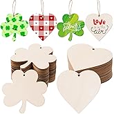 AWIZOM 60 Pcs Wooden Shamrock Heart Cutouts Unfinished Wood Clover Heart Ornaments to Paint Blank Wooden Slices with Twine for DIY Crafts Valentine St. Patrick's Day Tags Hanging Decorations