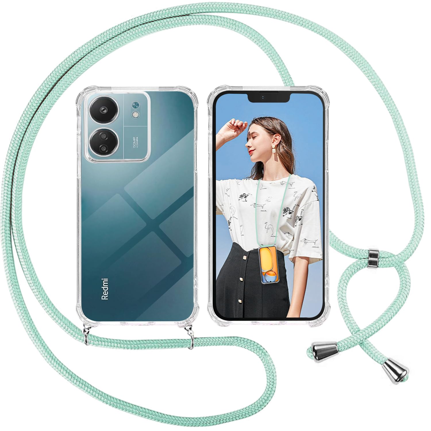 ISOI Mobile Phone Chain for Xiaomi Redmi 13C Case with Strap, Transparent Silicone Mobile Phone Case for Xiaomi Redmi 13C with Chain, Shockproof Protective Case - Cord with Case for Hanging in Green